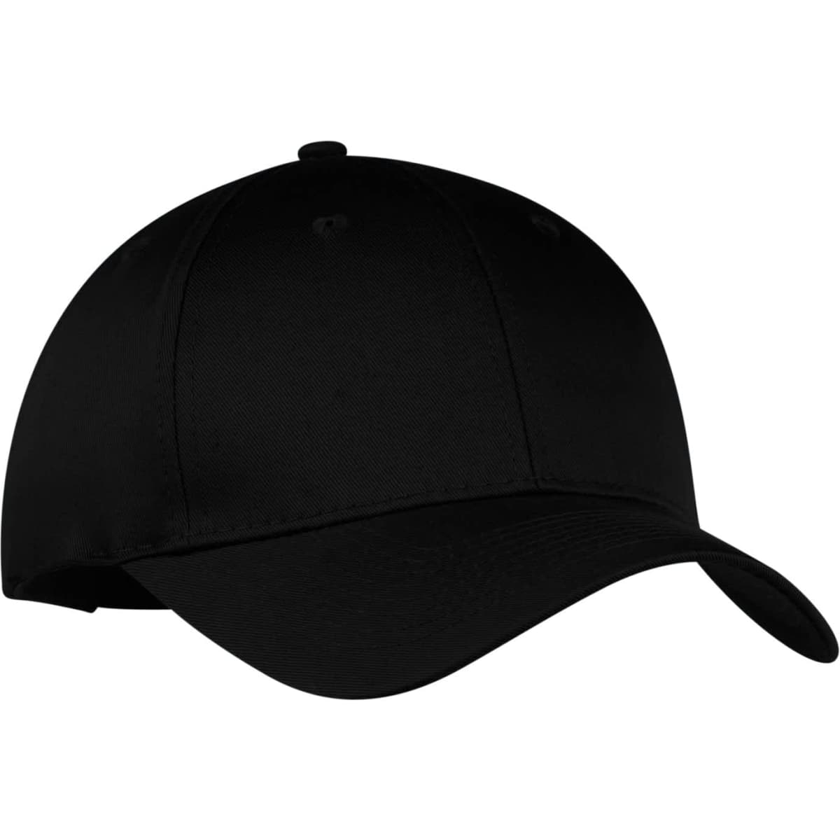 A black six-panel twill cap with a curved peak and a logo on the front.