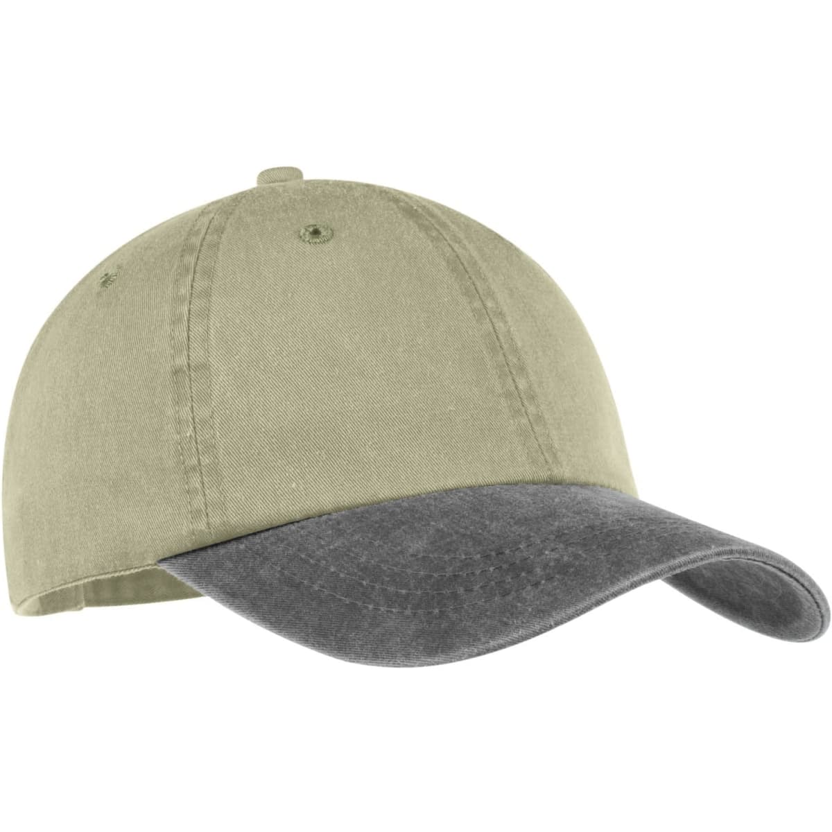 A two-tone cap featuring a light khaki upper and a dark grey peak, complete with a logo on the front.
