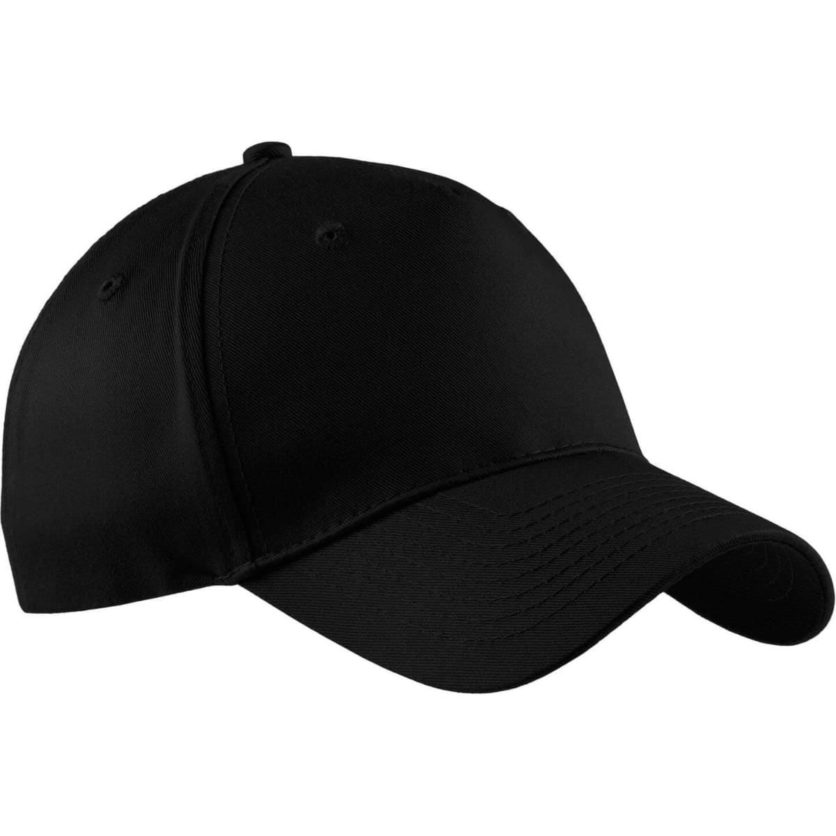 A black five-panel twill cap with a curved brim and a logo on the front.