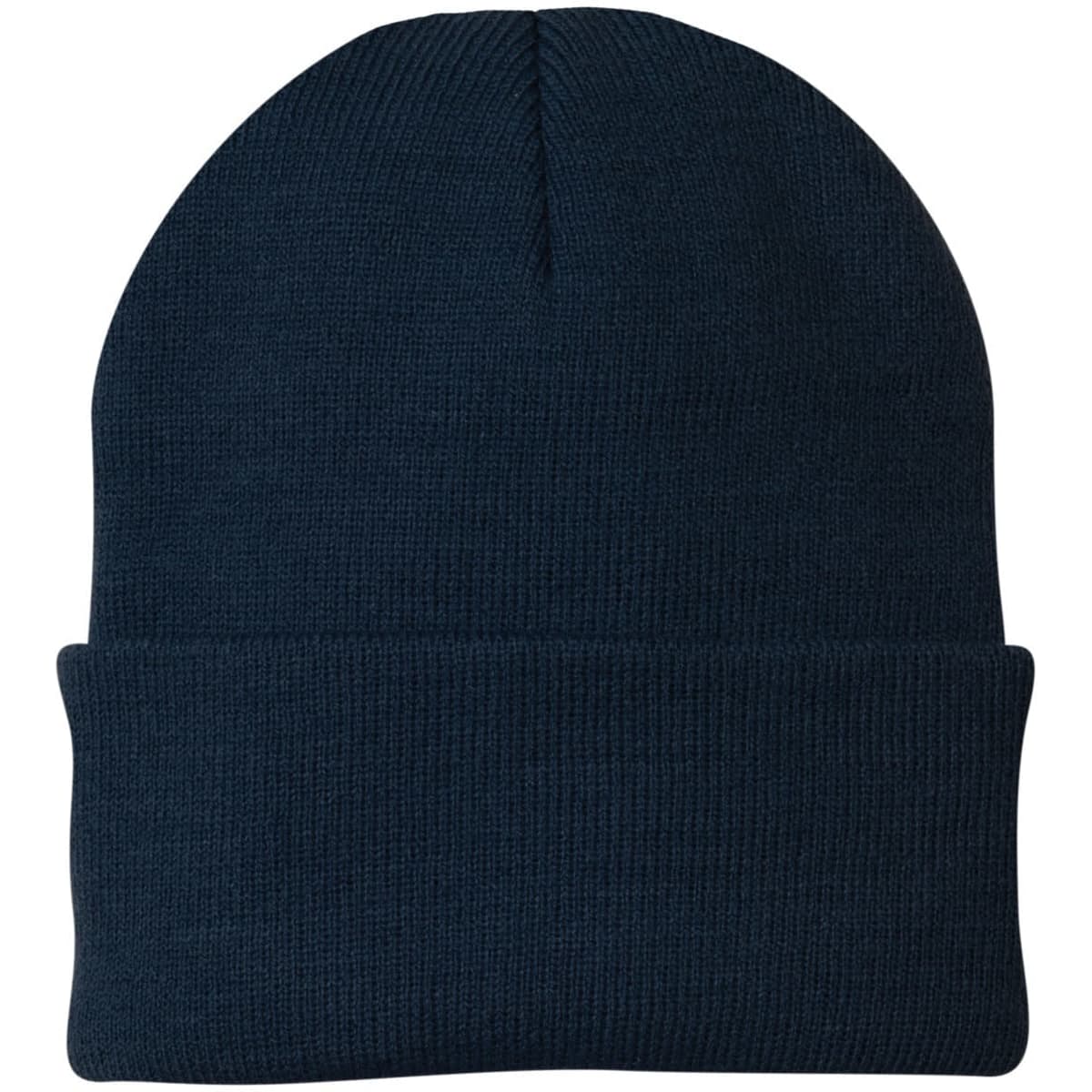 A navy blue knit cap with a rolled brim and a textured fabric. It features a logo on one side.