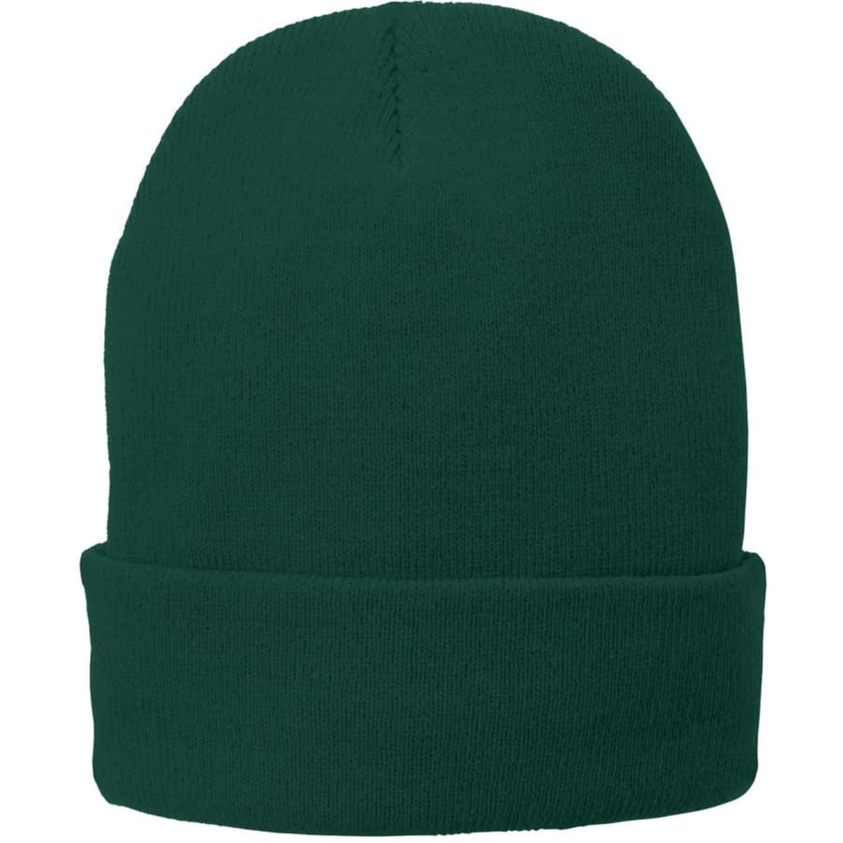 A dark green fleece-lined knit cap with a folded cuff, featuring a logo.