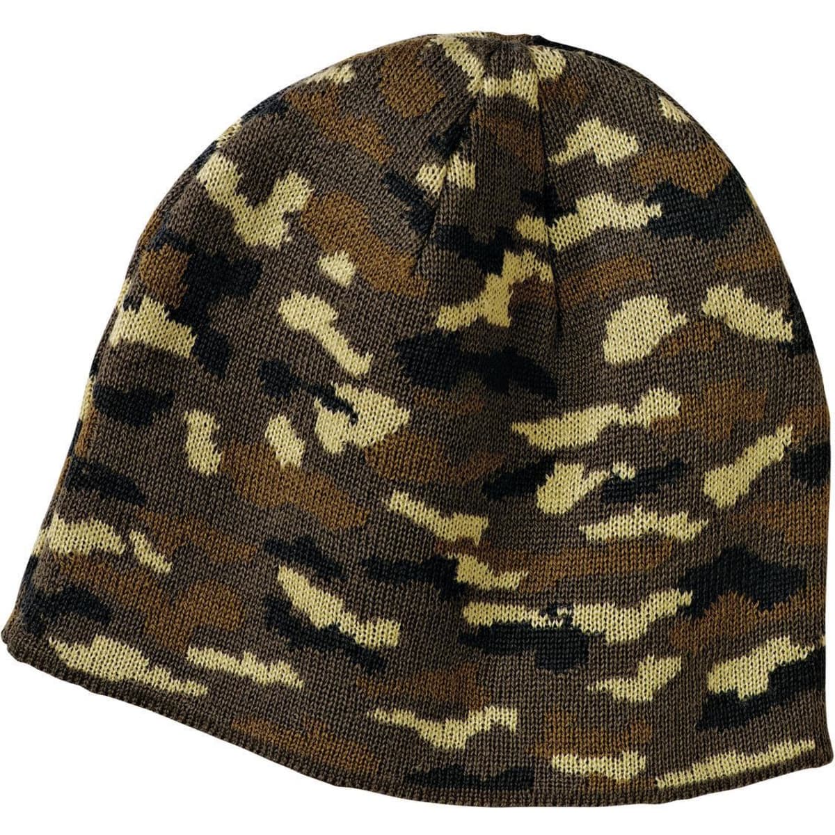 A camo beanie cap featuring a blend of brown, green, and beige patterns, with a visible logo.