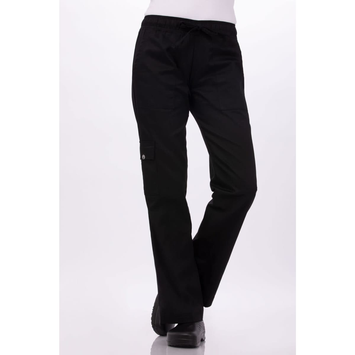 Black women's chef pants with a straight-leg design and side pockets, featuring a logo on the waistband.