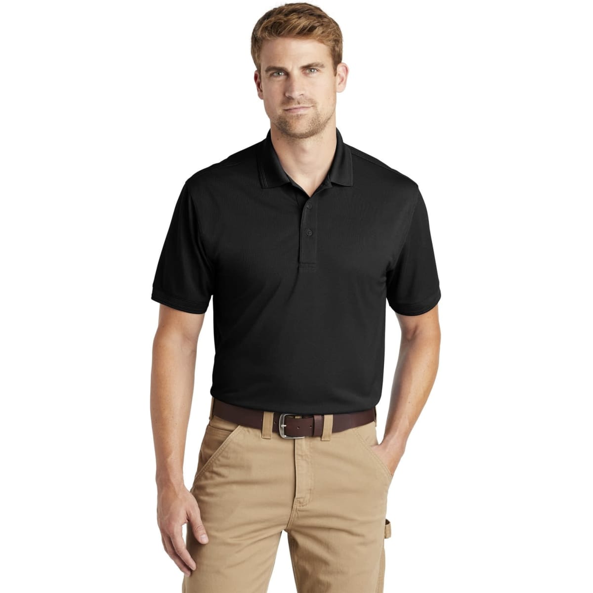 A black polo shirt with a collar and short sleeves, paired with light-coloured trousers. It features a branding logo.