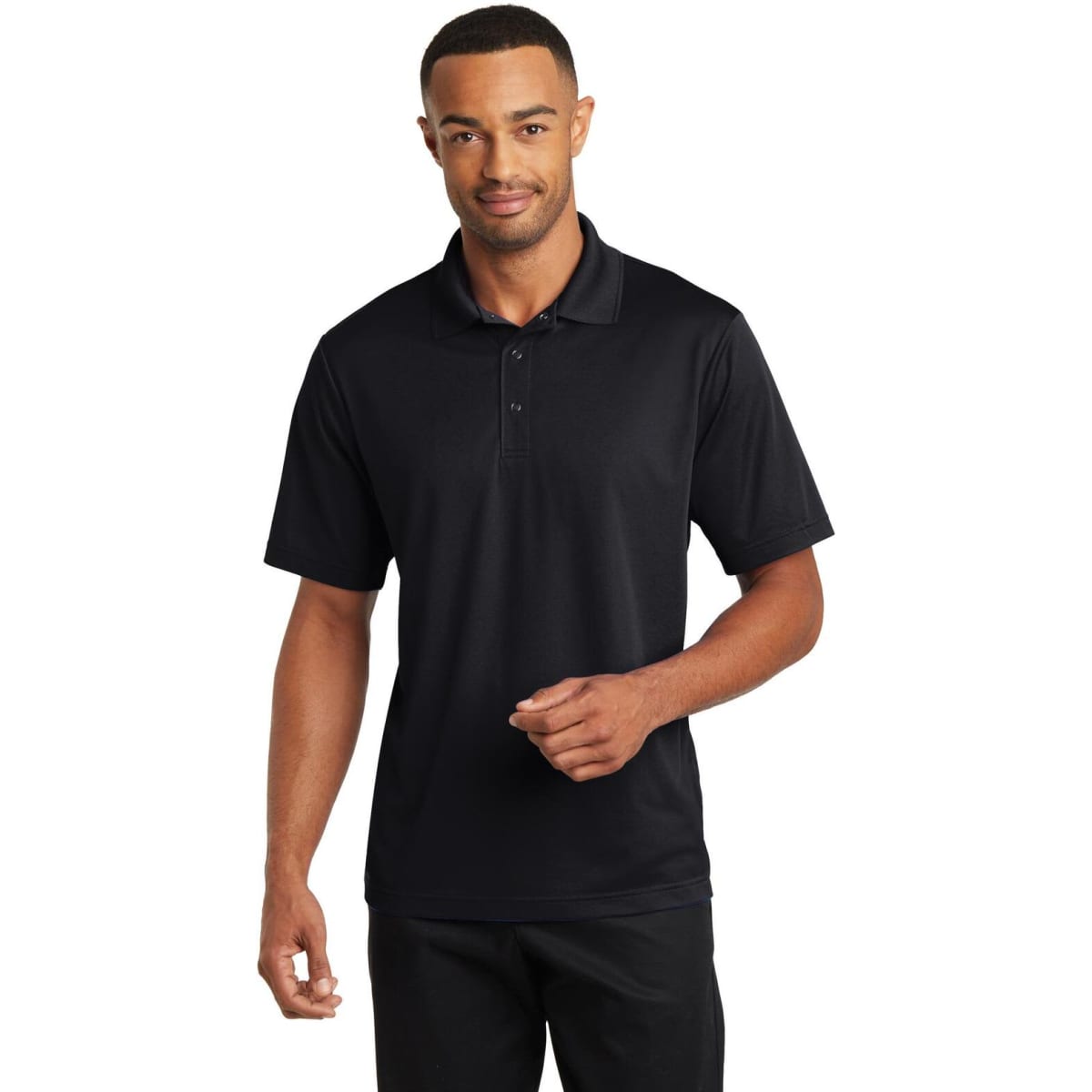 A black polo shirt with a collar and short sleeves, featuring a logo on the chest and a fitted design.