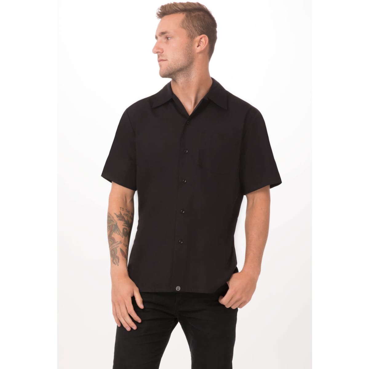 A black short-sleeve cook shirt with a single pocket, featuring a logo on the chest.