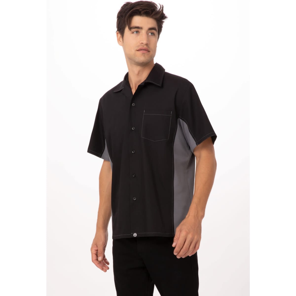 A men's short-sleeve shirt in black and grey with a chest pocket and a button-up front. It features a logo.