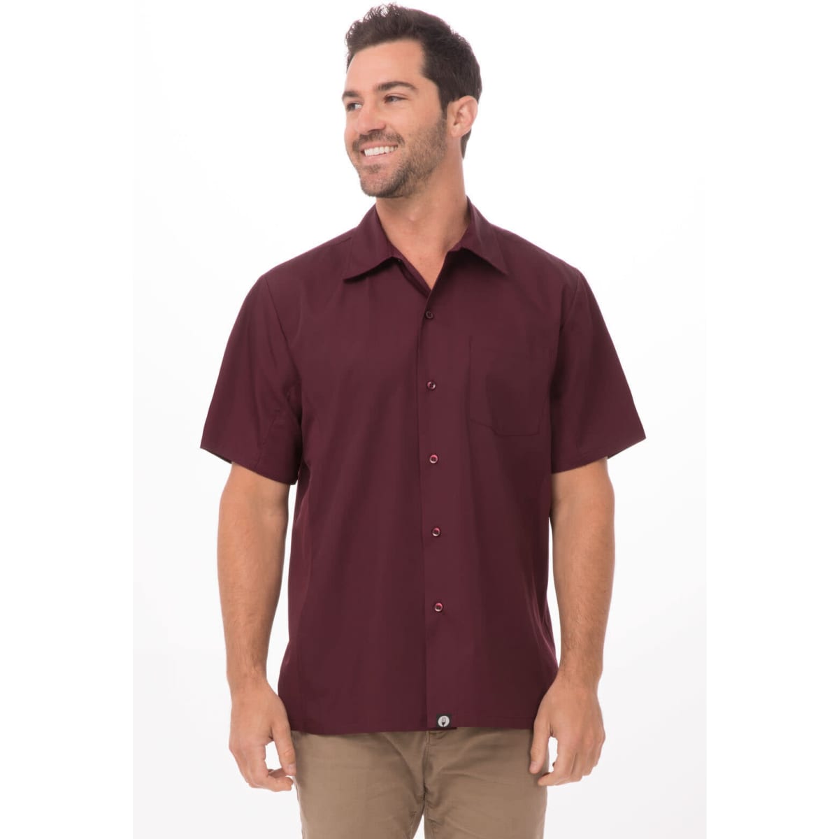 A short-sleeved men's shirt in burgundy with a button-up front and a collar, featuring a logo.