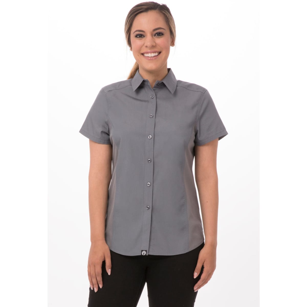 A button-up women's shirt in grey with a collared neck and short sleeves, featuring a logo.