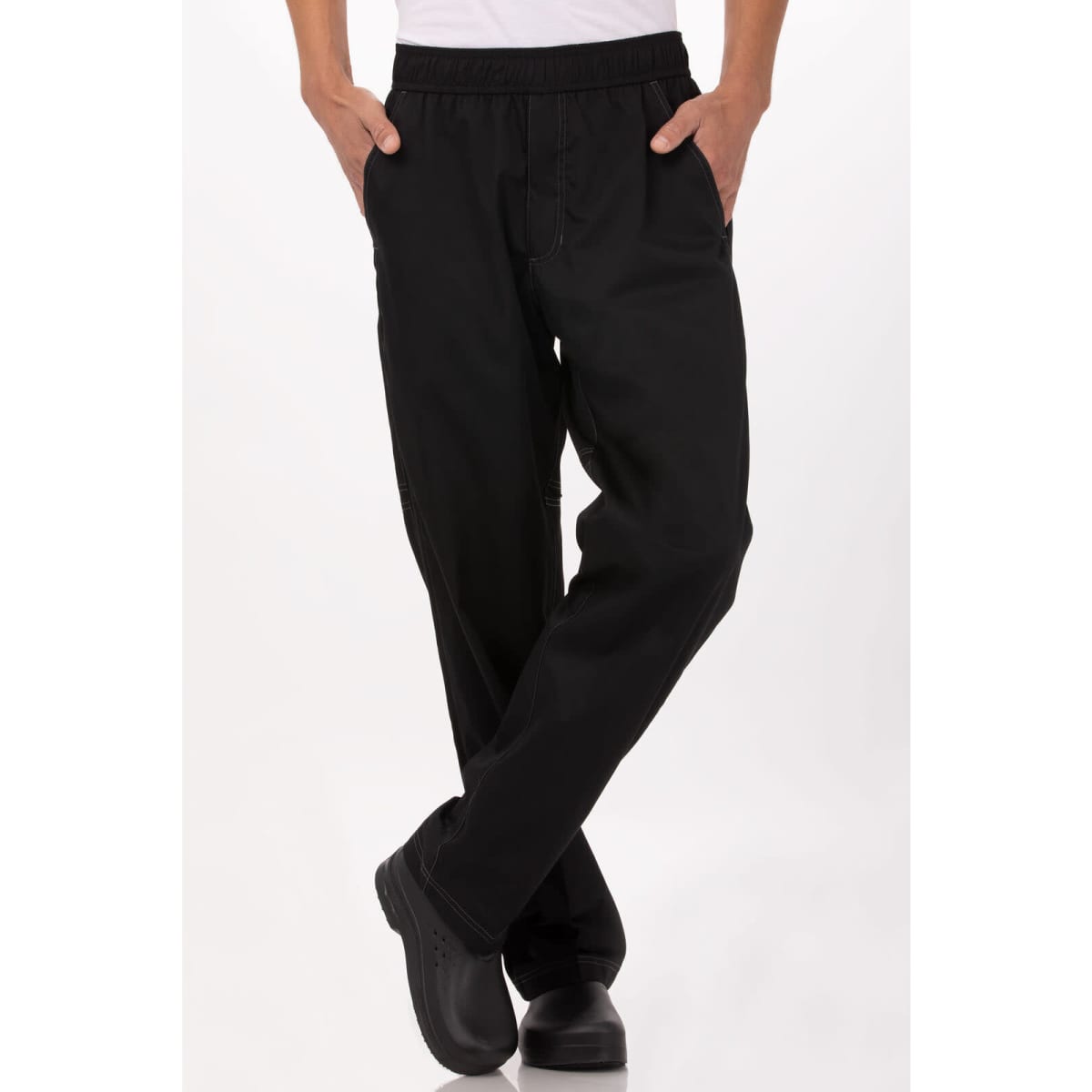 Black baggy chef pants with a relaxed fit, featuring pockets and an elastic waistband.