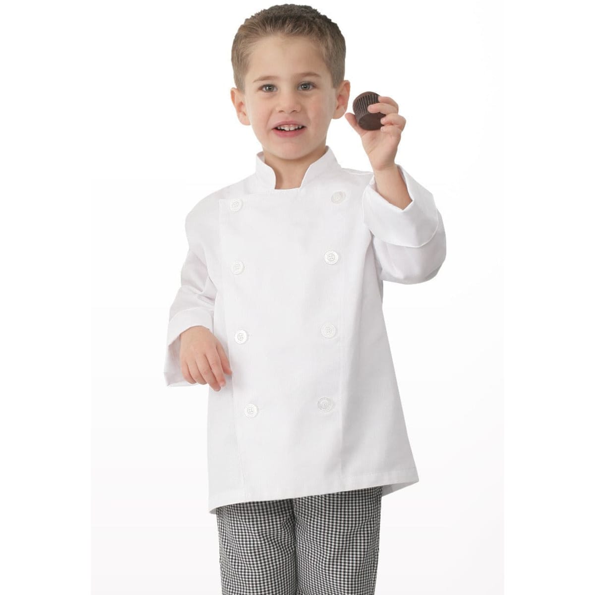 A child in a white chef jacket holds a biscuit, wearing checkered chef pants. The jacket features a double-breasted design.