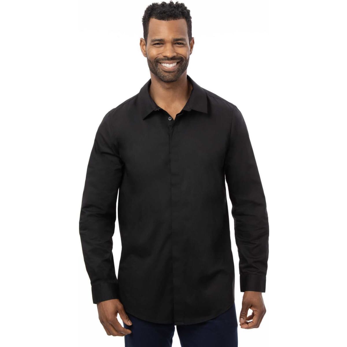 A black premium formal men's dress shirt with a button-up style, featuring a collar and long sleeves.