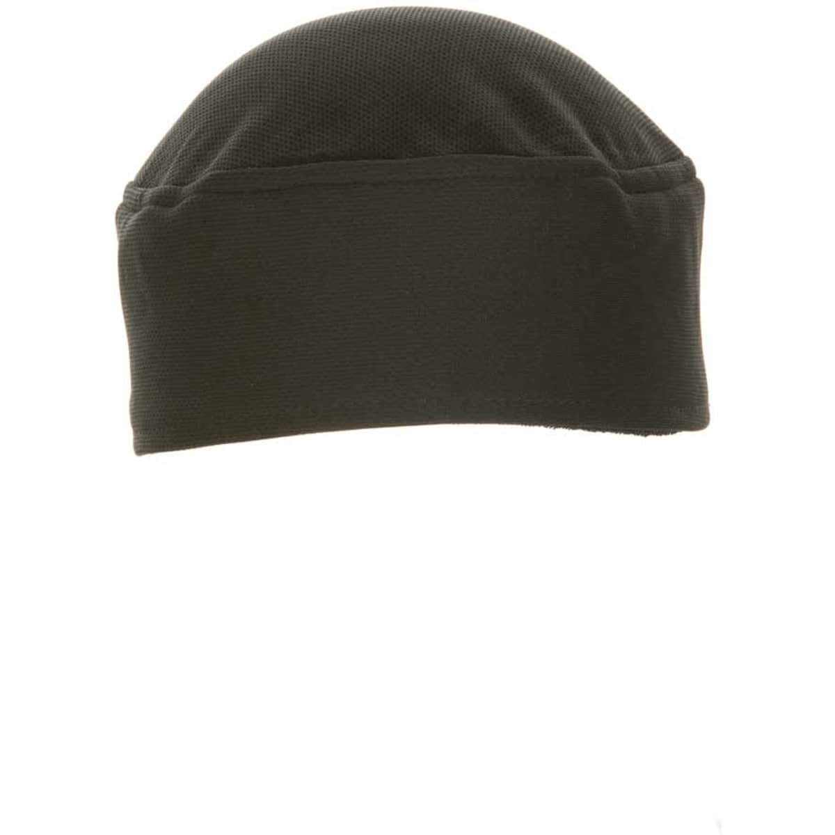 A dark green beanie with a smooth finish, featuring a logo on the side.