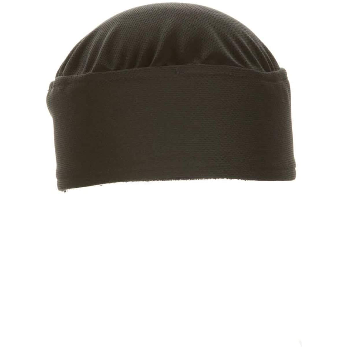 A black beanie with a smooth texture, featuring a logo on the front. Ideal for headwear use.