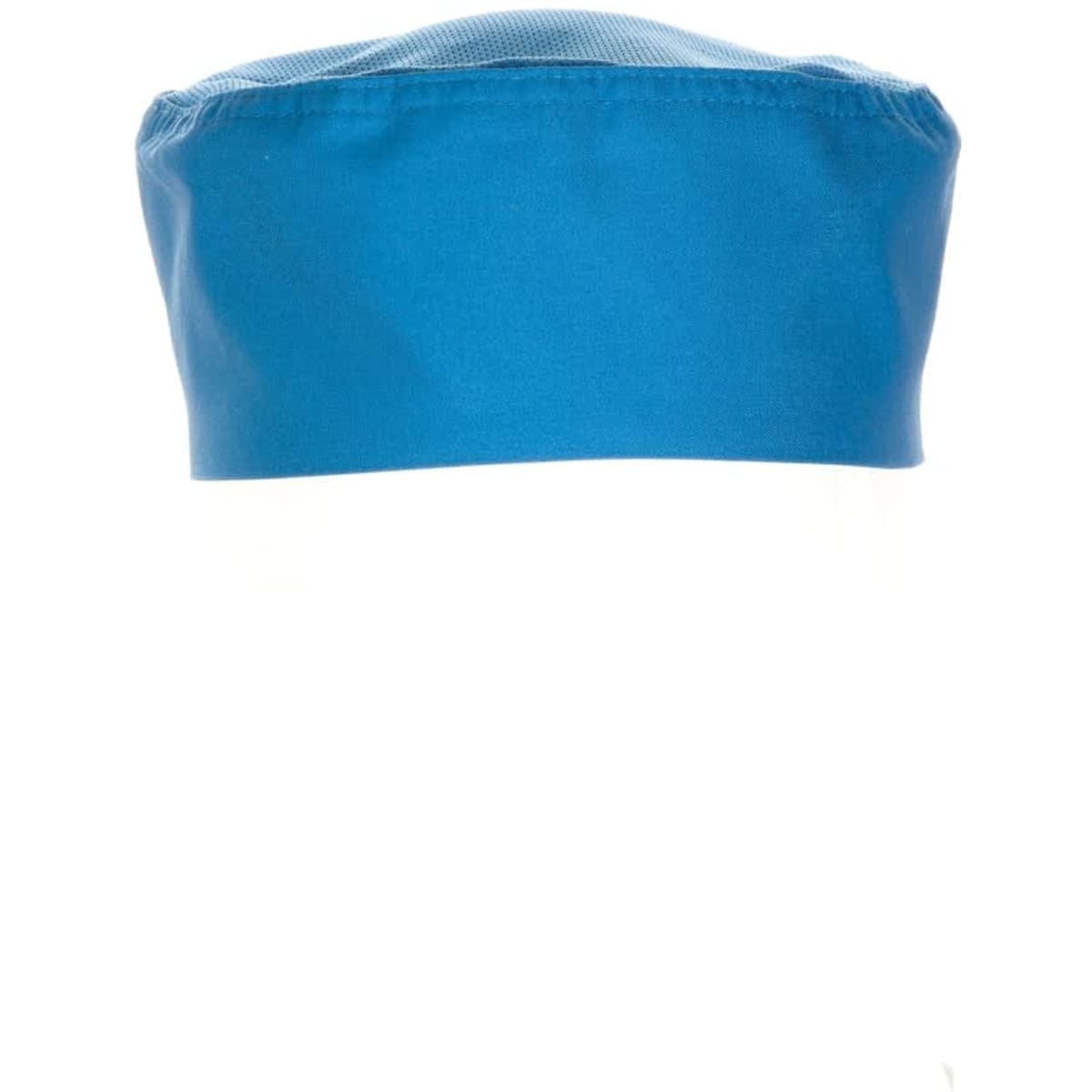 A blue chef beanie with a smooth finish and gathered top, featuring a logo on the side.