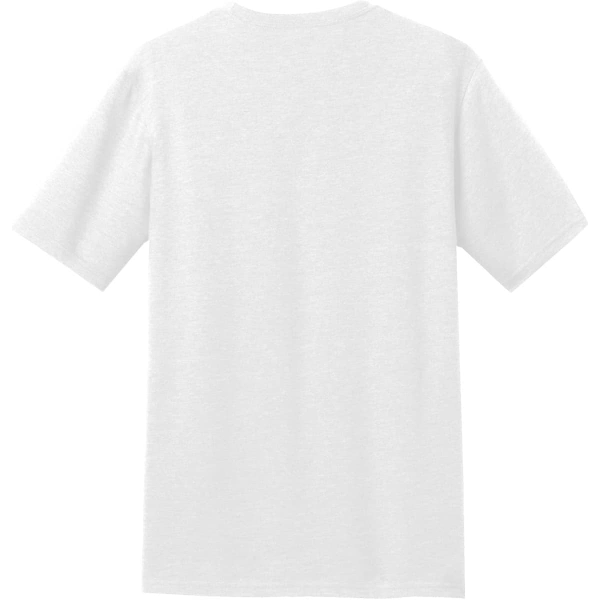 A plain white men's crew t-shirt with short sleeves. Features a logo on the back.