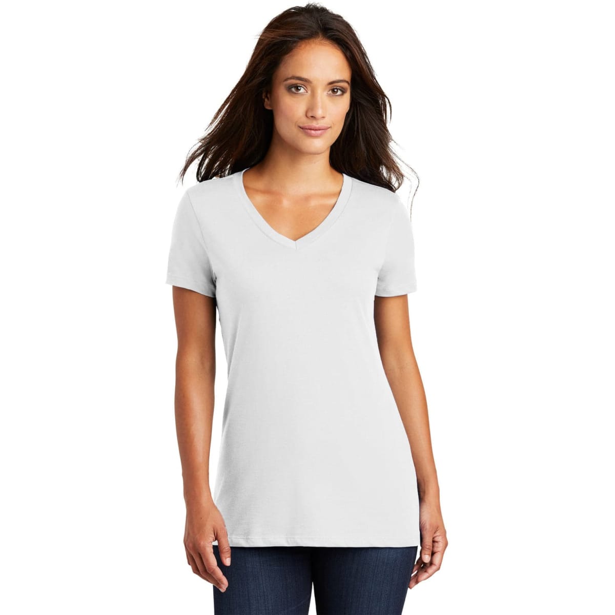 A light grey ladies' v-neck t-shirt featuring short sleeves and a fitted design. It has a logo on the visible side.
