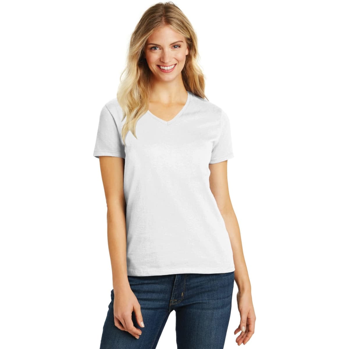 A white v-neck t-shirt for women, featuring a fitted style and short sleeves, with a subtle logo.