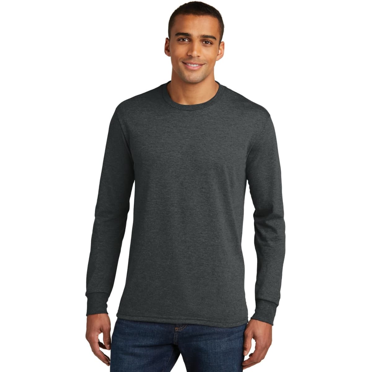 A long sleeve crew tee in dark grey, featuring a fitted design and a small logo on the front.