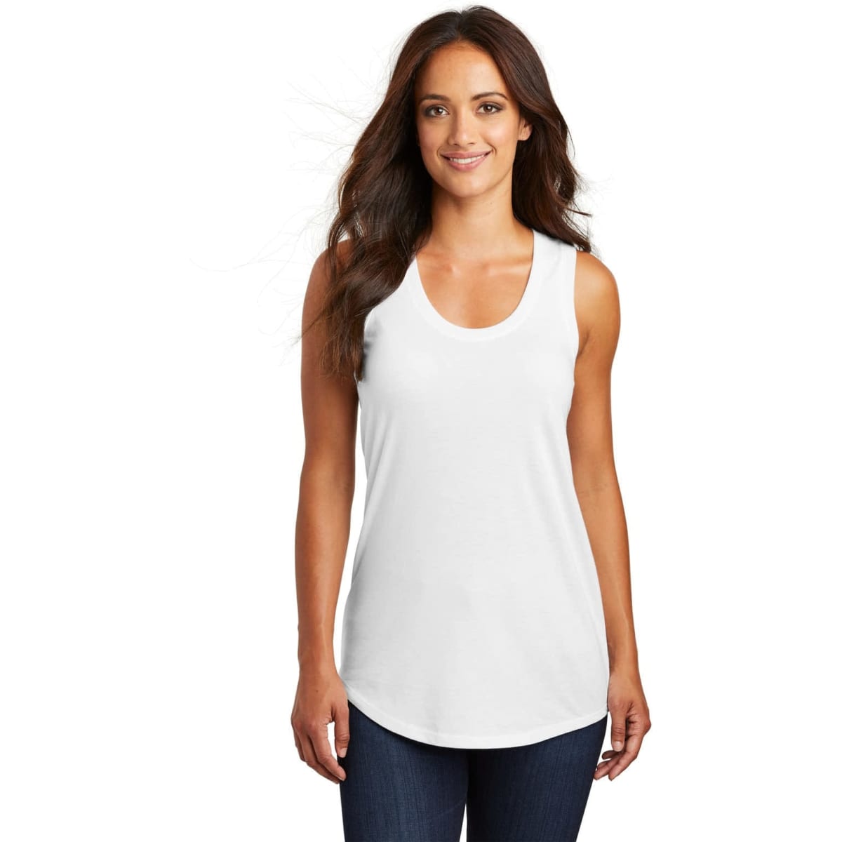 A white ladies' racerback tank top with a round neckline, featuring a logo. The model is wearing it with jeans.