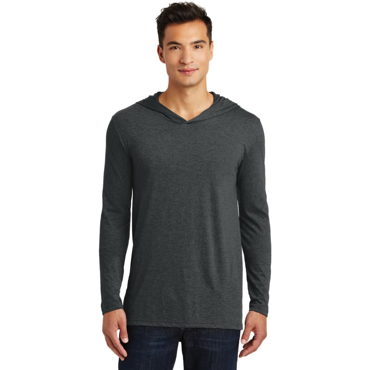 A long sleeve hoodie in charcoal grey with a relaxed fit and a small logo on the front.