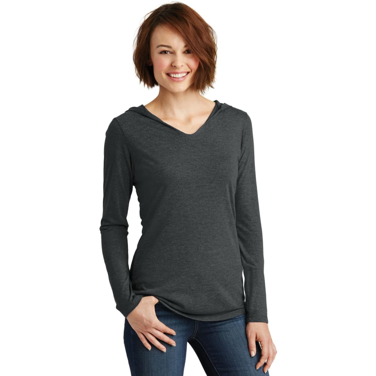 A grey long sleeve hoodie featuring a v-neck and a hood, modelled by a woman in casual attire.