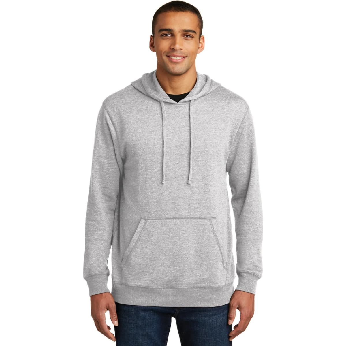 A lightweight grey fleece hoodie for men with a front pocket and an adjustable hood. Features a branding logo.