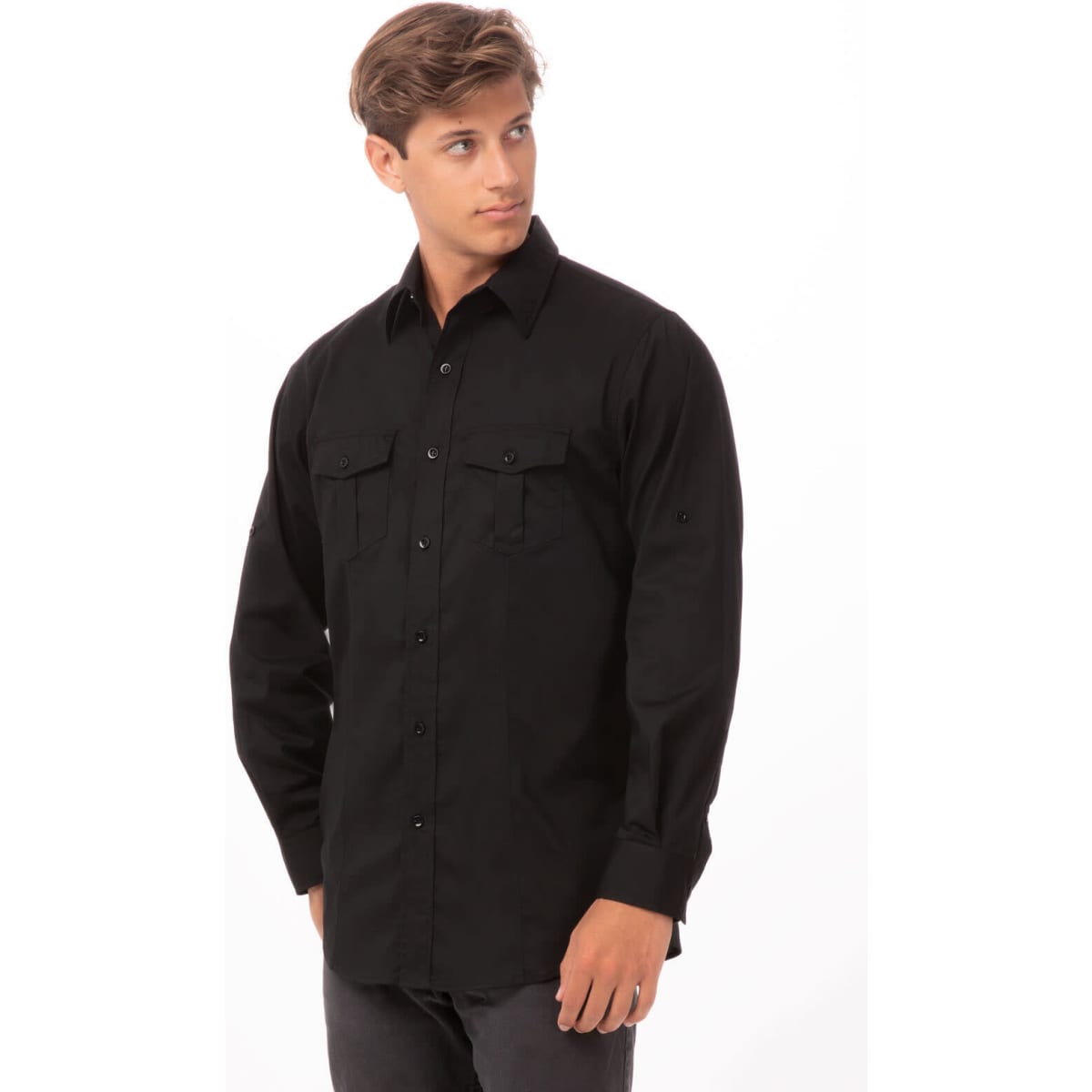 A black button-up shirt for men featuring two chest pockets and long sleeves, with a logo on the sleeve.