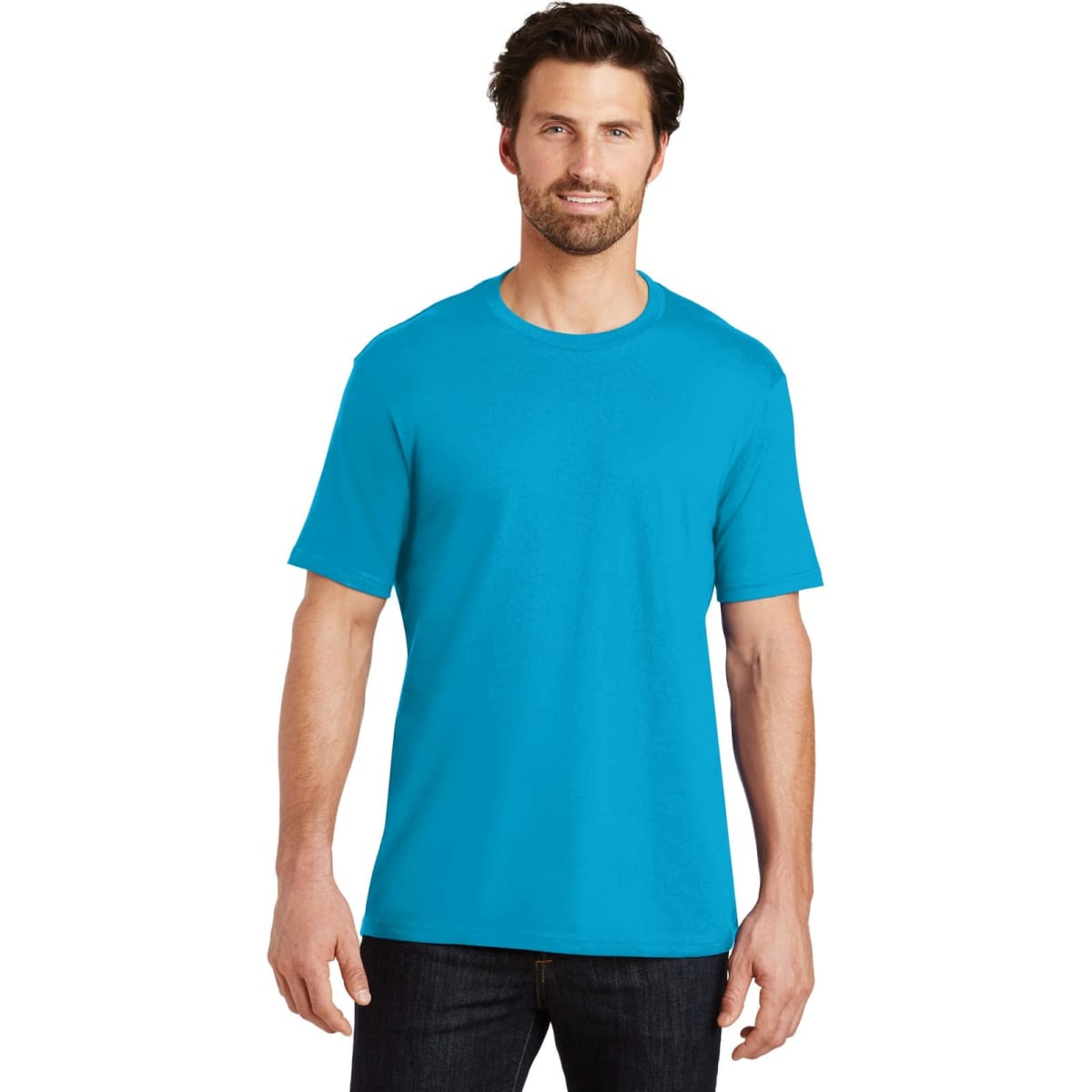 A man wearing a bright blue crew neck t-shirt, with a logo on the chest, posing against a plain background.