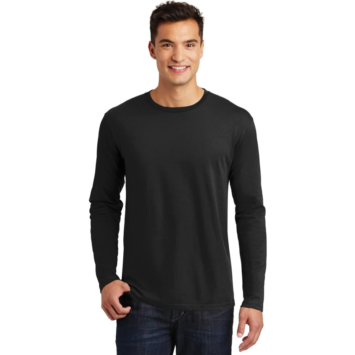 A long sleeve black T-shirt for men, featuring a fitted design and a logo on the front.