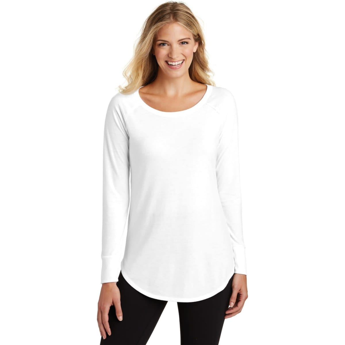 A long-sleeve white shirt with a scoop neck and rounded hem, featuring an unobtrusive logo.