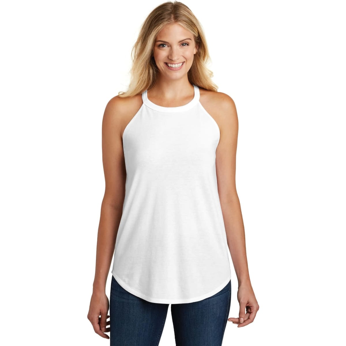 A white ladies' tank top with a racerback design, featuring a logo on the fabric.