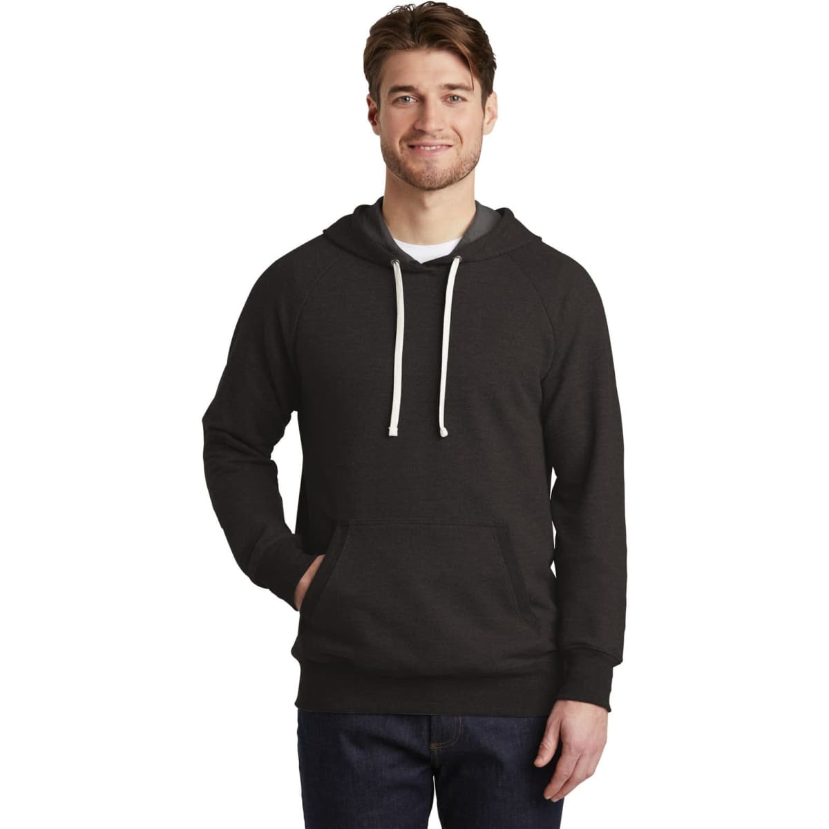 A dark grey French terry hoodie with a front pocket and drawstring hood, worn by a smiling male model.