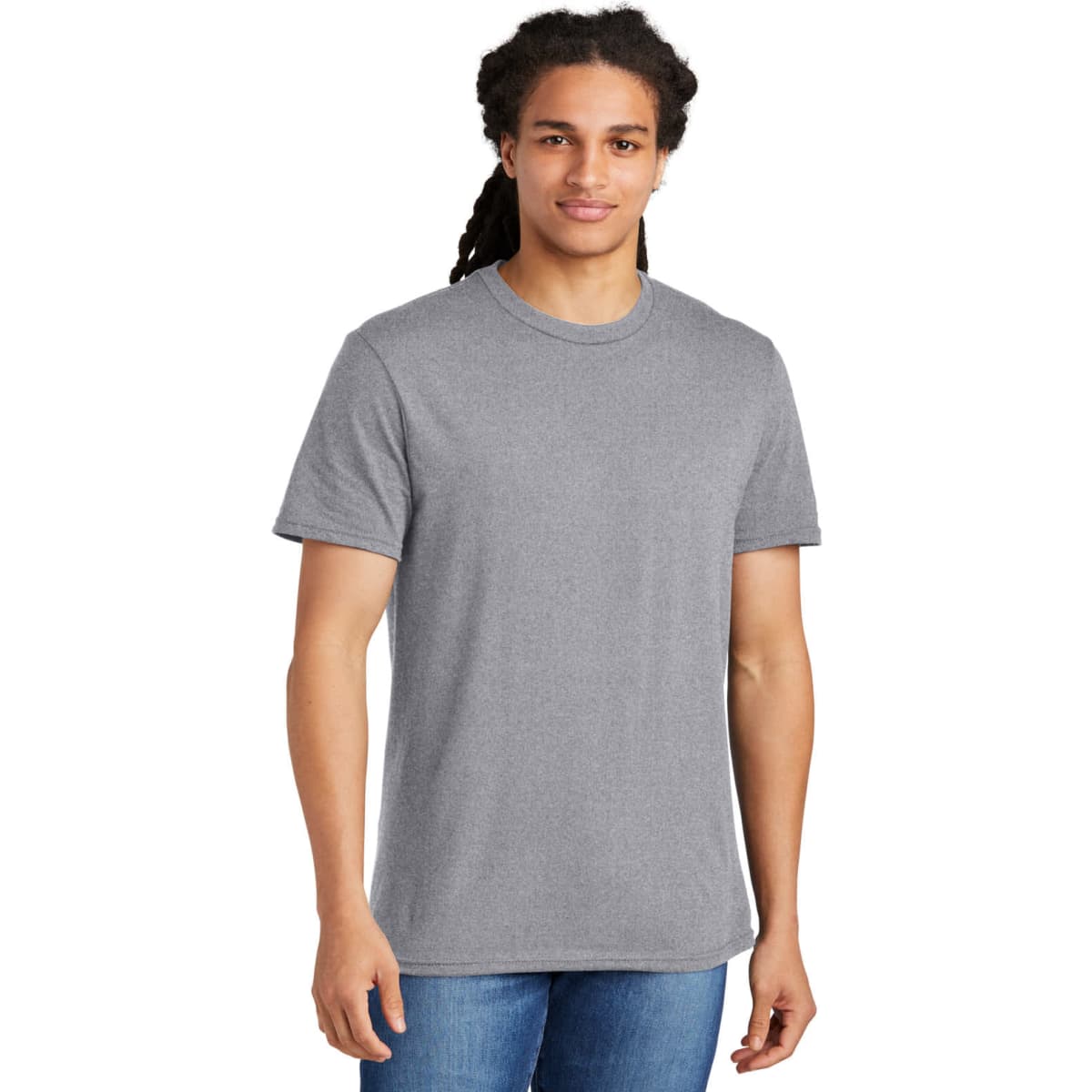 A grey t-shirt for young men, featuring a classic fit and a round neckline, with a logo present.