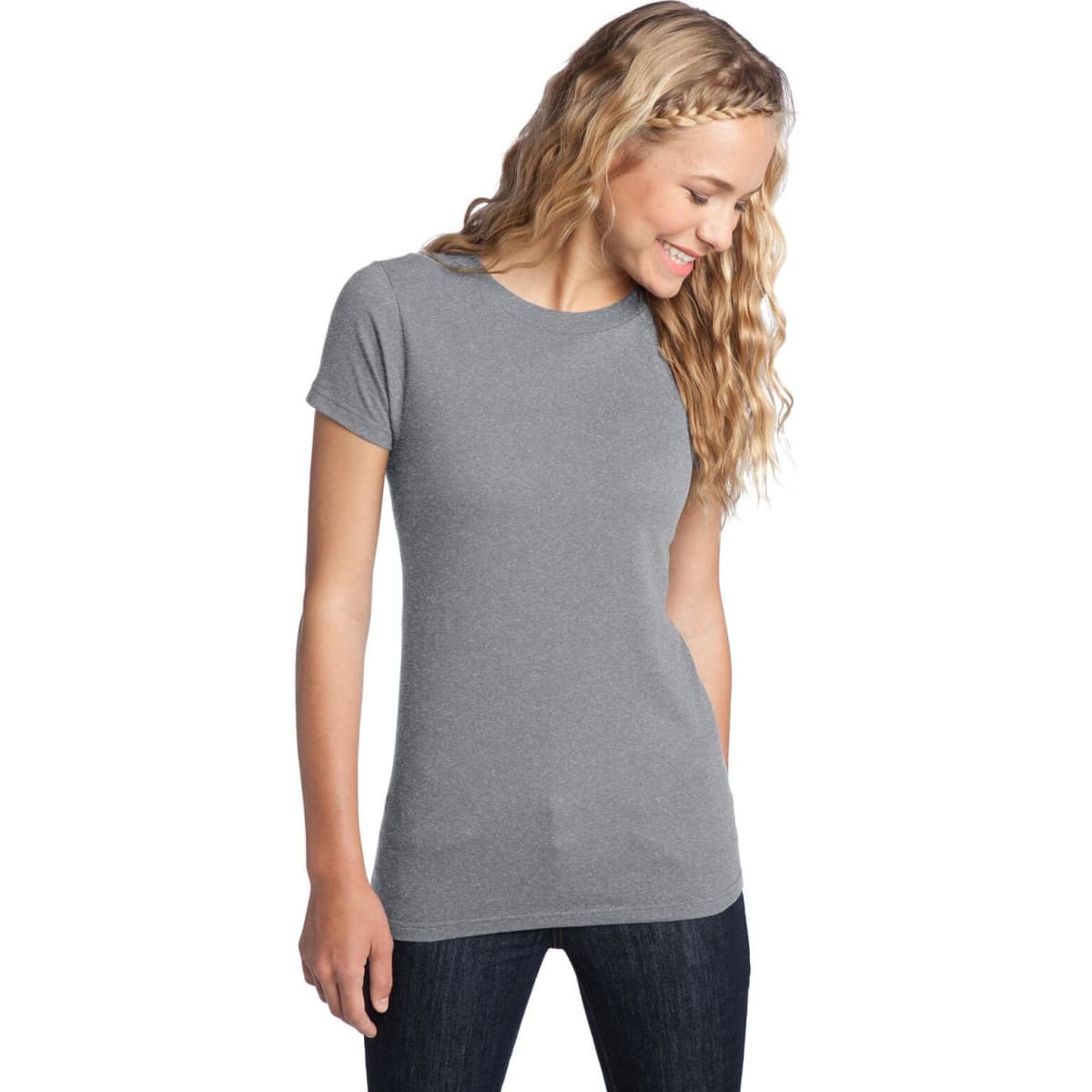 A grey junior's t-shirt with a classic fit and short sleeves displayed on a smiling model.