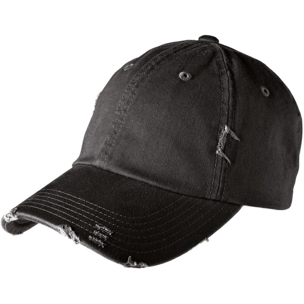 A black distressed cap with a curved brim and frayed detailing, featuring an adjustable strap at the back.