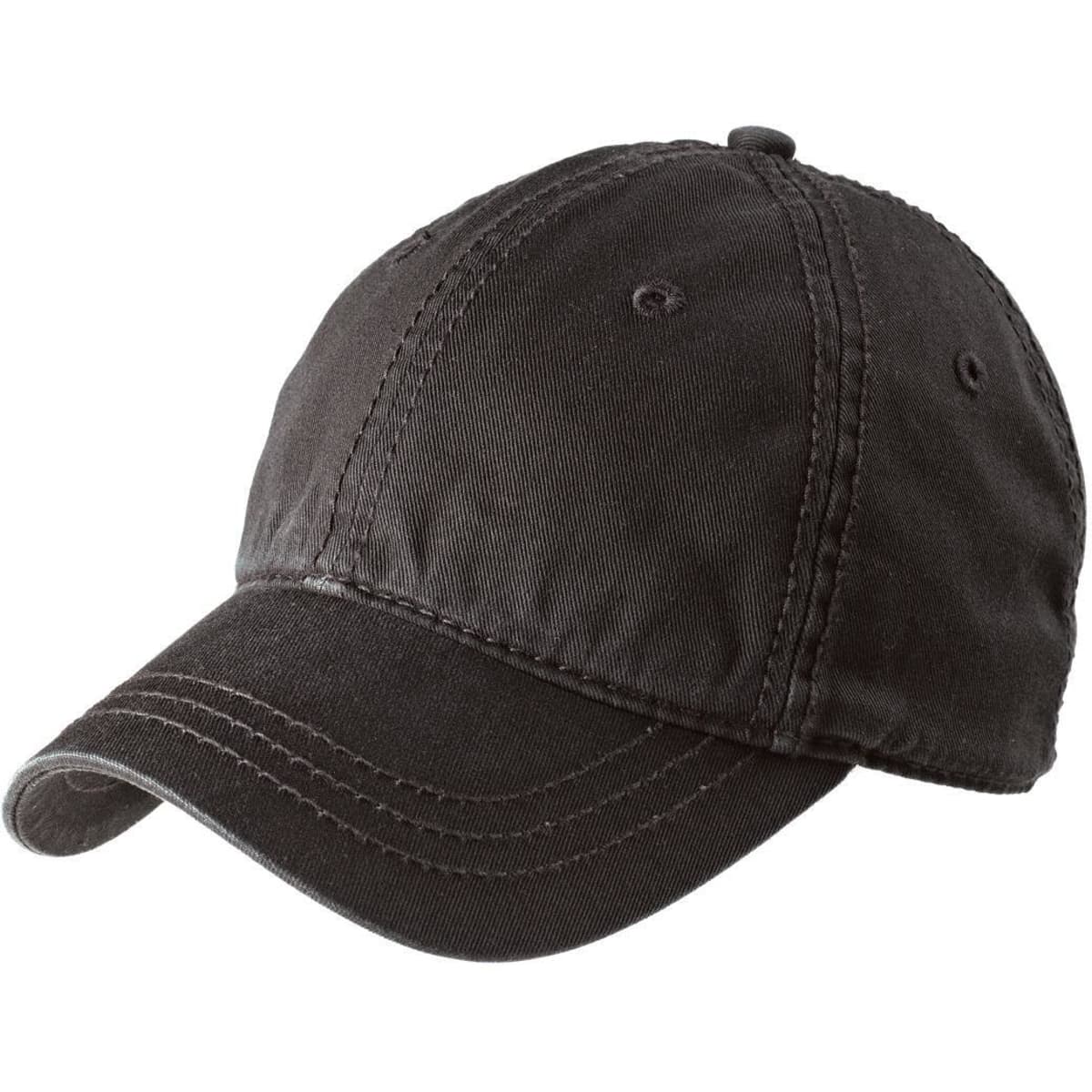 A black thick-stitch cap featuring a curved brim and a structured design, with a logo on the front.