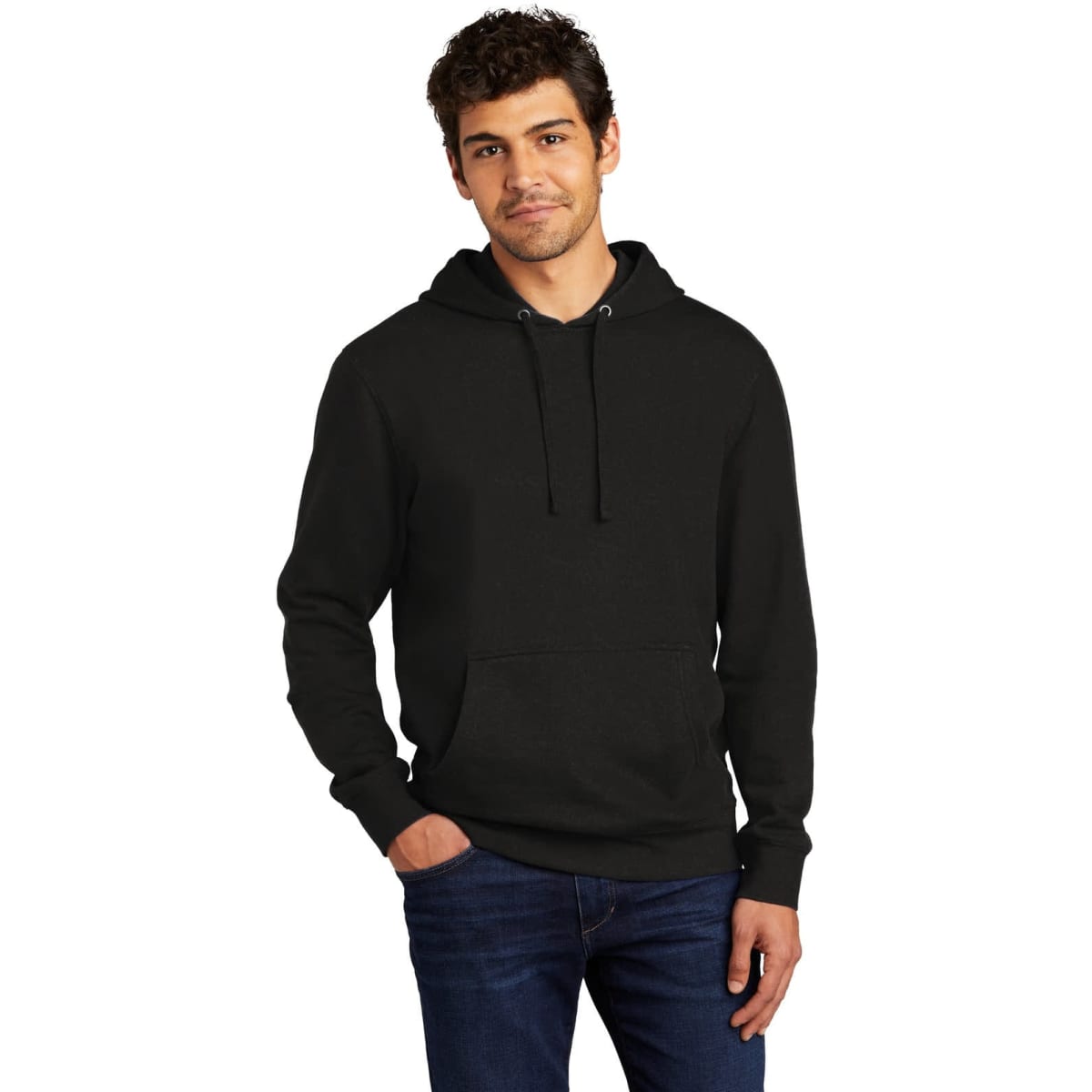 A black fleece hoodie with a front pocket and a hood, featuring a logo on the chest.