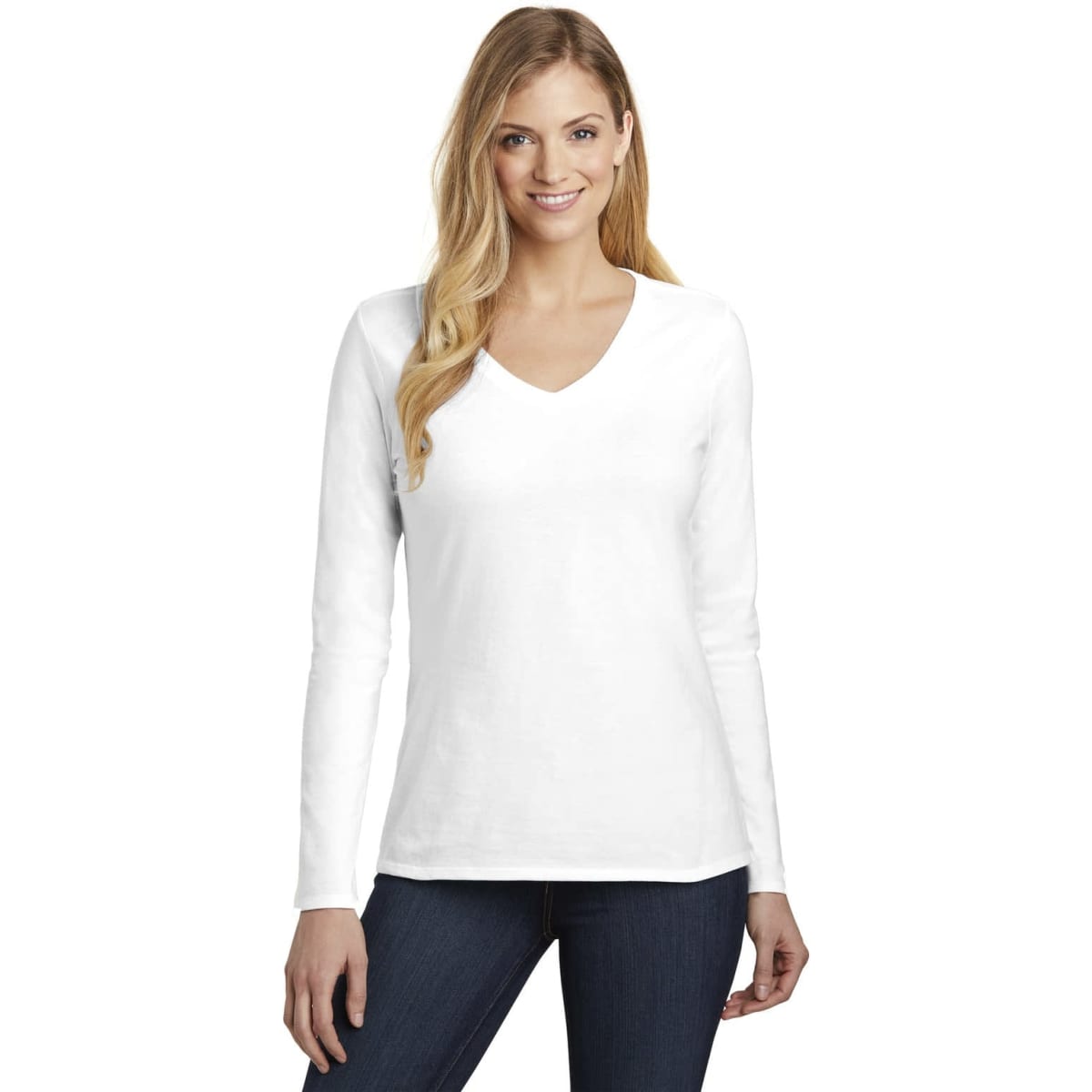 A long sleeve white v-neck t-shirt displayed on a model with long blonde hair, featuring a logo.