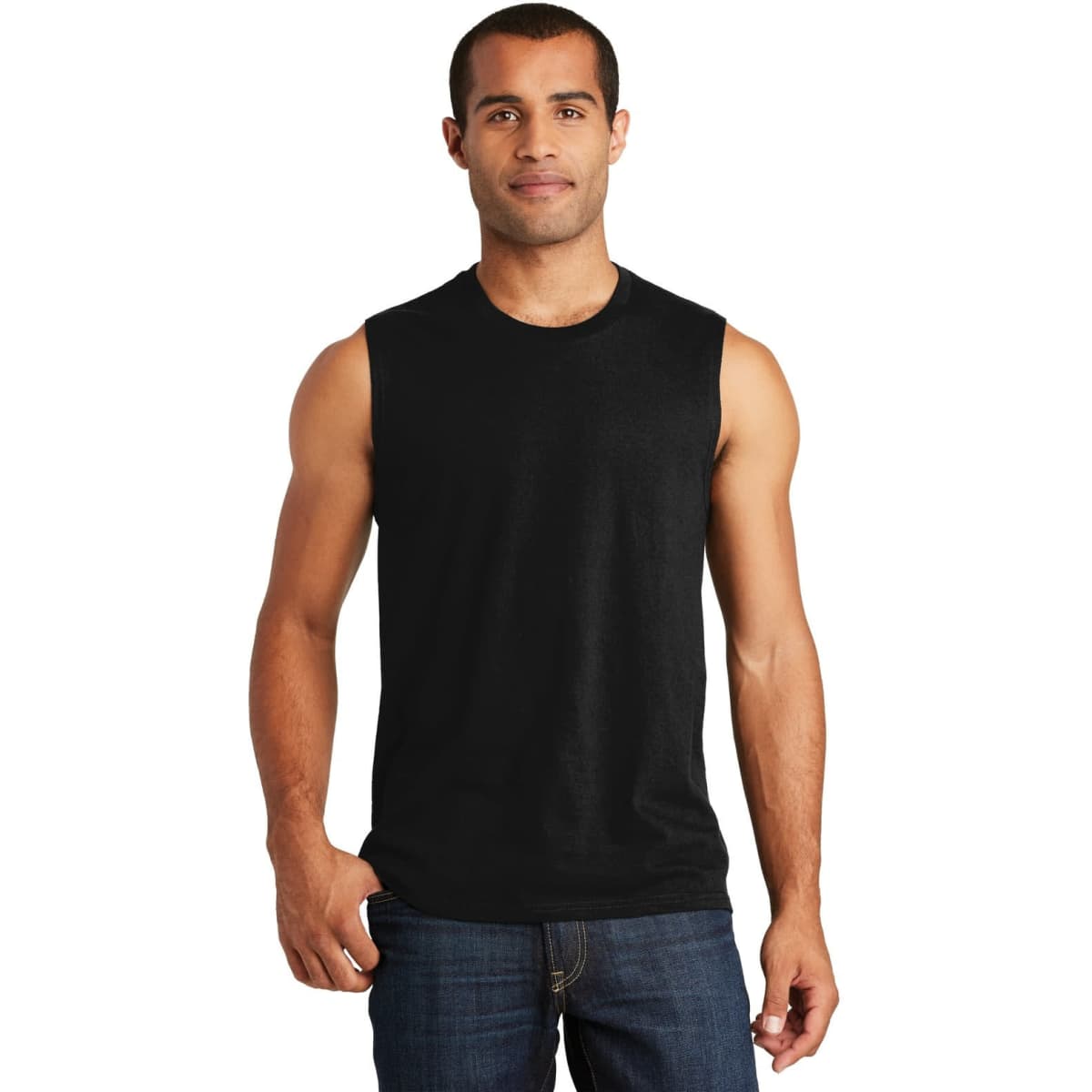 A young man wearing a black muscle tank top, with no sleeves, standing against a plain background.