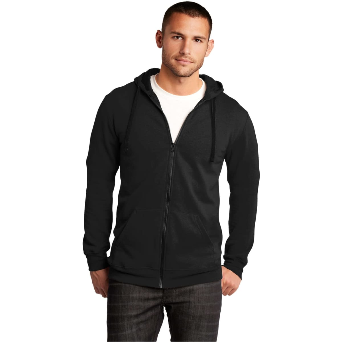 A black full-zip hoodie worn by a man, featuring a hood and a sleek design. The garment has a logo on it.