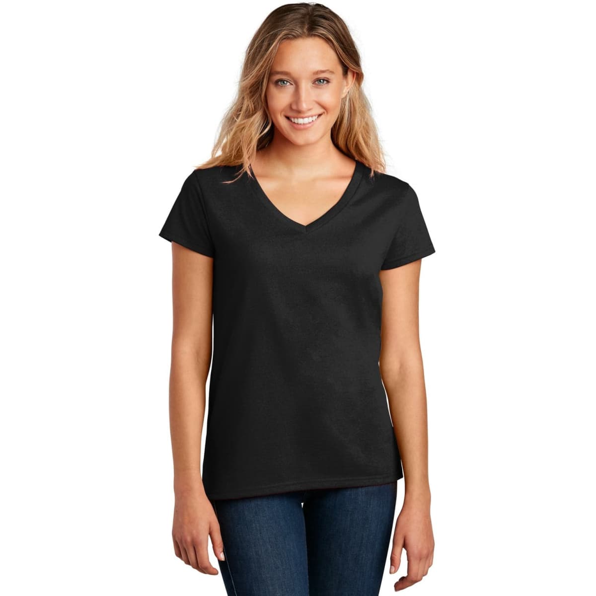 A woman wearing a black V-neck t-shirt. The shirt has a fitted style and short sleeves.