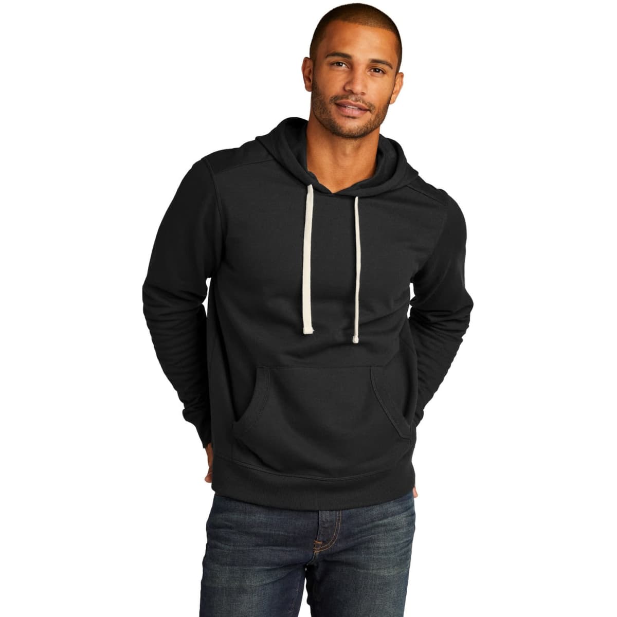 A black hoodie with a front pocket and drawstring hood, featuring a logo on the front.
