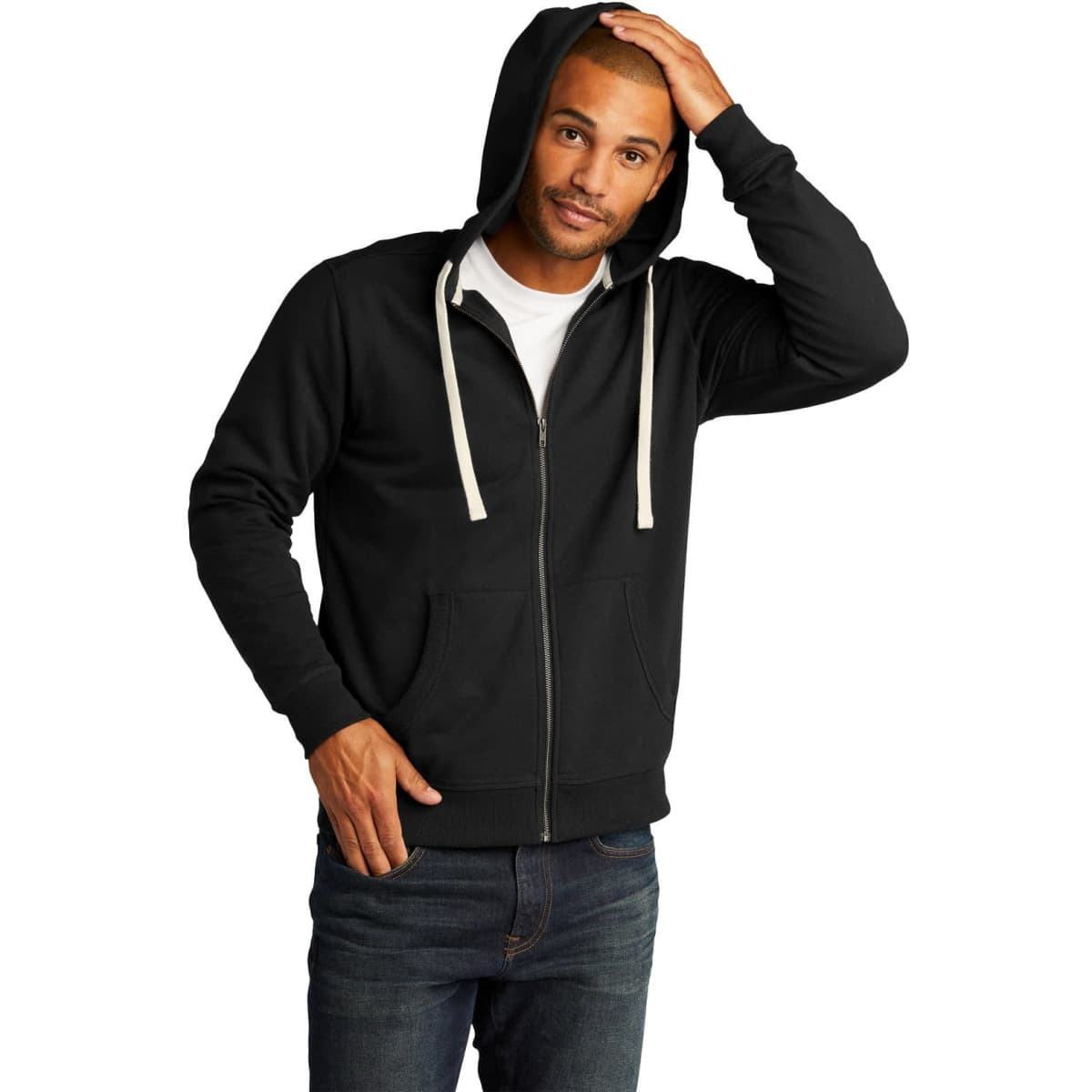A black full-zip hoodie featuring a drawstring hood, worn by a model with their hand on their head.