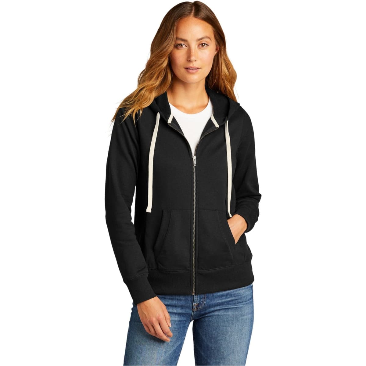 A black full-zip hoodie featuring a drawstring hood and a front pocket, with a logo on the garment.