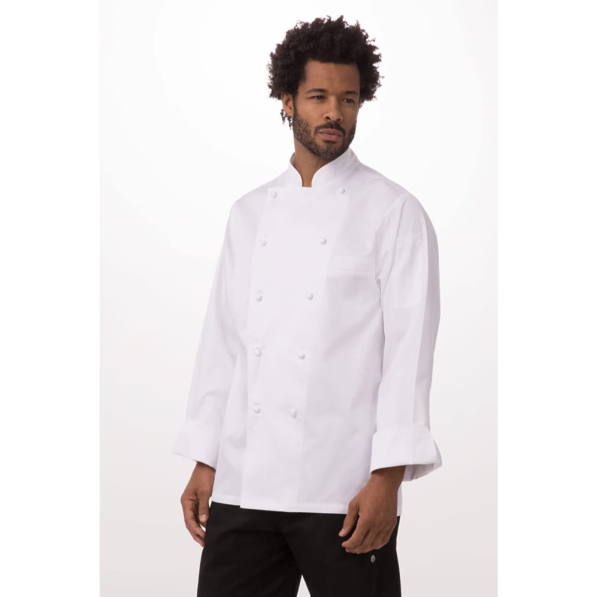 A men's white premium cotton chef jacket featuring a double-breasted design and long sleeves. It has a logo on the sleeve.