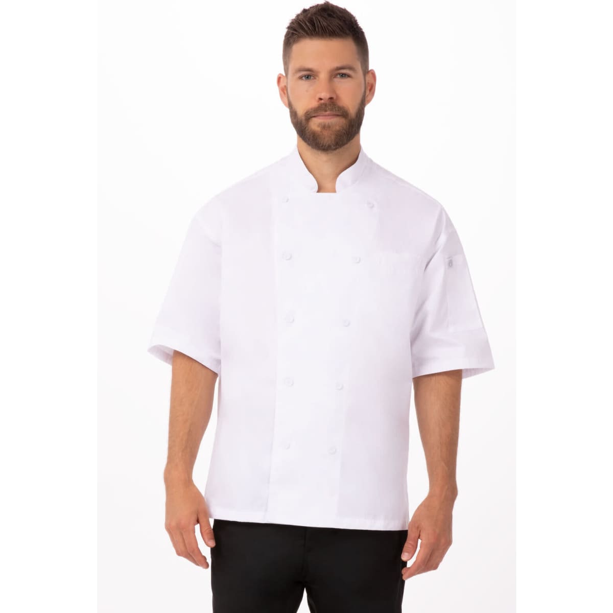 A white chef jacket with short sleeves, featuring a double-breasted front. It includes a logo on the sleeve.