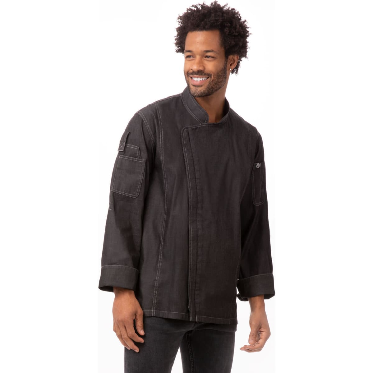 A black denim chef jacket with long sleeves and a stylish design, featuring a logo on one sleeve.