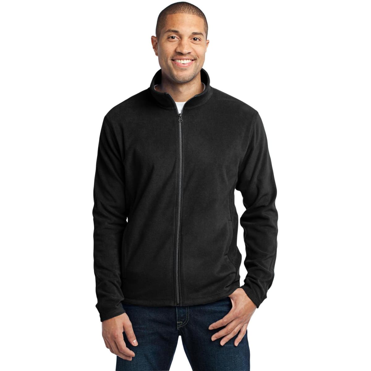 A black microfleece jacket with a zip front, featuring a standing collar and a fitted style.