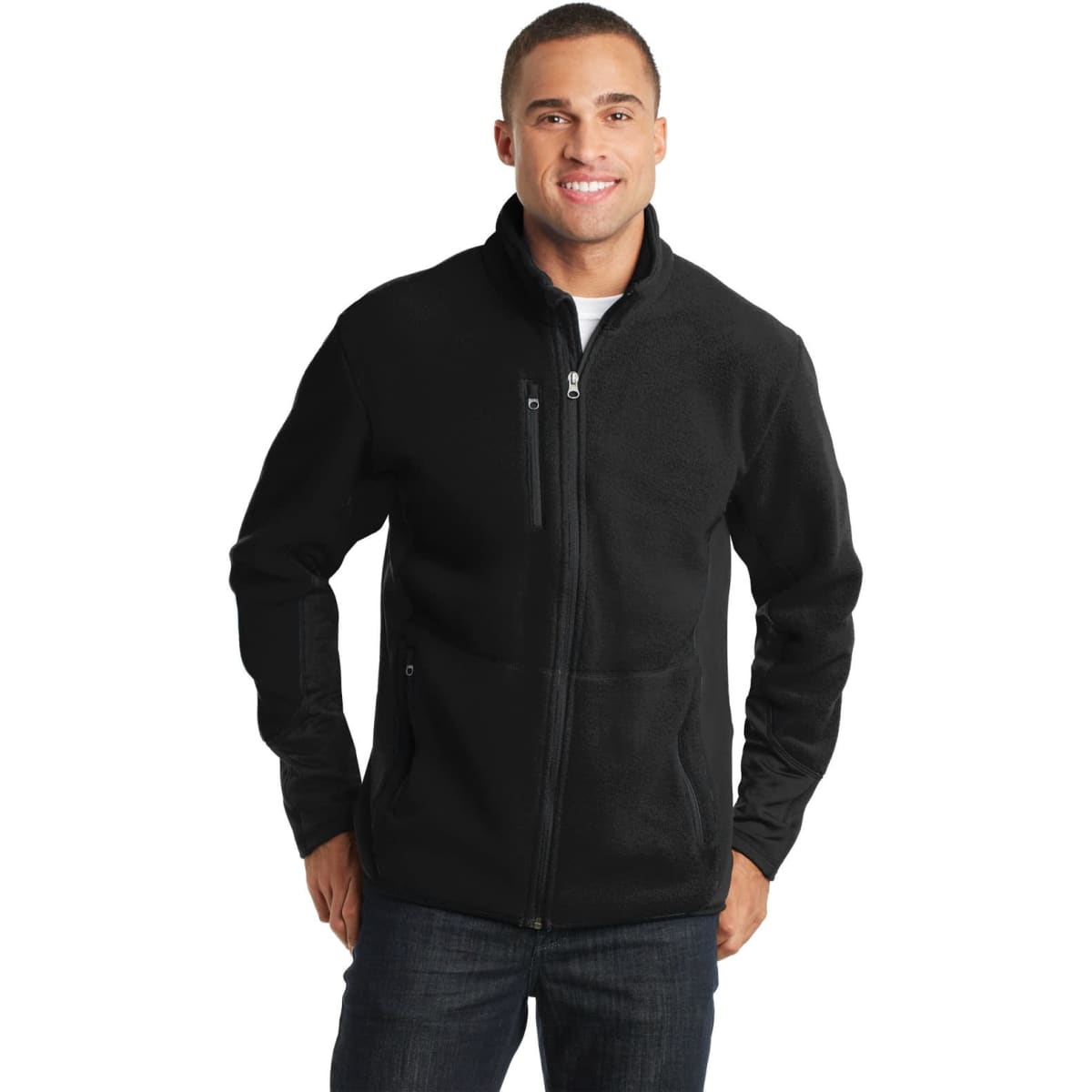 A black full-zip fleece jacket displayed on a model, featuring a zipped pocket and a logo.